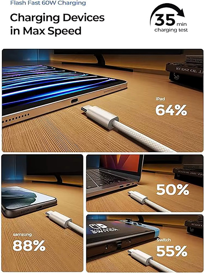 USB-C auf Typ-C Ladekabel in Weiß mit 60 W PD Schnellladefunktion für Apple iPhone 15, Samsung, Huawei und Xiaomi, gewebtes Kabel - Bild 5