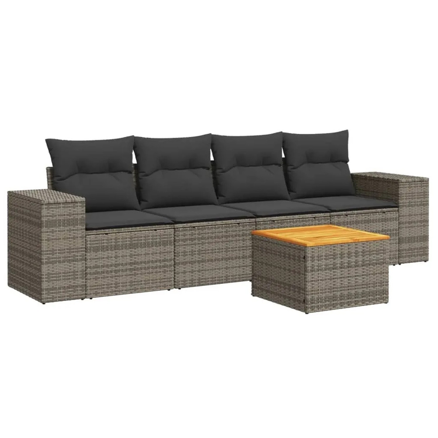 vidaXL 5-tlg Garten-Sofagarnitur aus Poly Rattan und Akazienholz in Grau mit Kissen - Bild 2