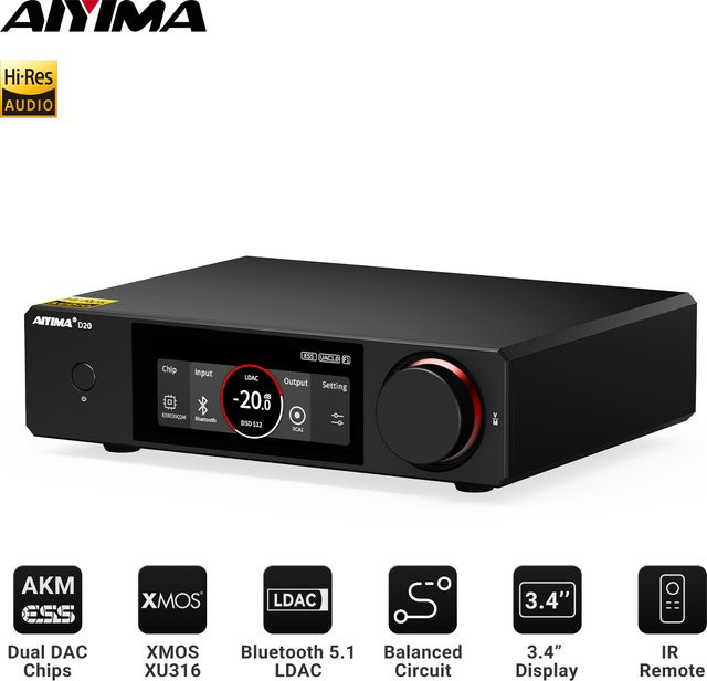 AIYIMA D20 HiFi DAC Decoder mit AK4493SEQ und ES9039Q2M, Bluetooth 5.1 LDAC, USB DSD512, RCA und XLR Audio-Konverter mit VU-Meter, Schwarz - Bild 1