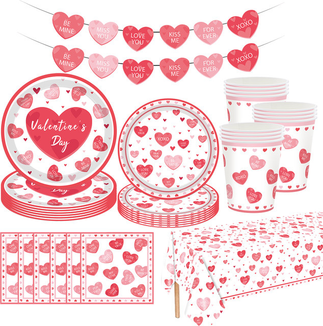 Rotes Einweg-Geschirrset aus Papier mit Herz-Design für Valentinstag, Hochzeiten und romantische Anlässe - Bild 1
