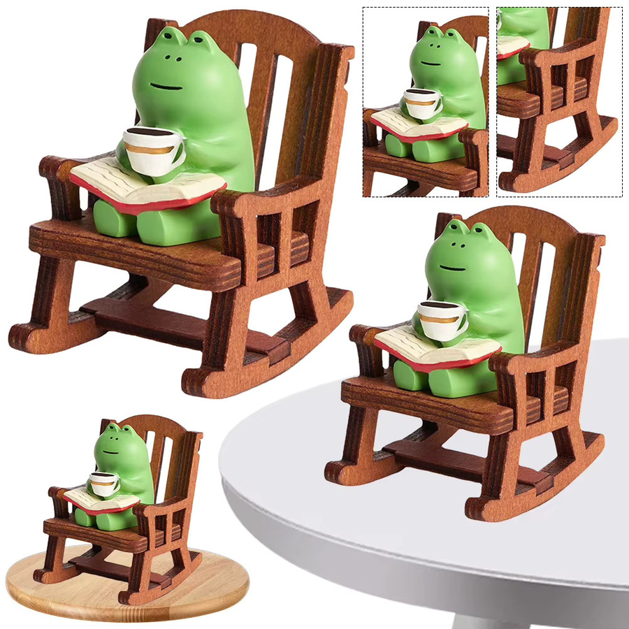 APWIKOGER Mini-Frosch-Harzfigur mit handgefertigtem Mikro-Schaukelstuhl als Tischdekoration in Grün - Bild 7