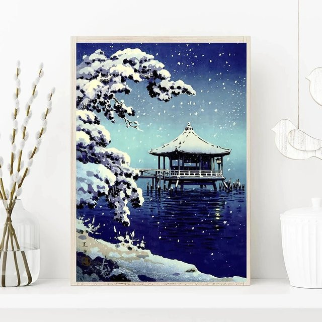 Potdemiel Wandkunst Leinwandmalerei Katsushika Hokusai Kanagawa Welle Vintage Japanische Landschaft in Blau - Bild 1