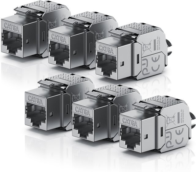 Primewire 6er Set Netzwerk-Adapter RJ-45 CAT.6a Keystone Modul für LAN Ethernet, grau, feldkonfektionierbar - Bild 1