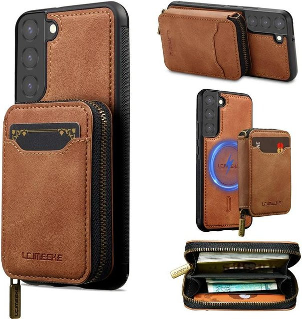 Magnetische Leder-Flip-Handyhülle mit Reißverschluss-Geldbörse und Kartenabdeckung für Samsung Galaxy S24 Ultra in Braun - Bild 1