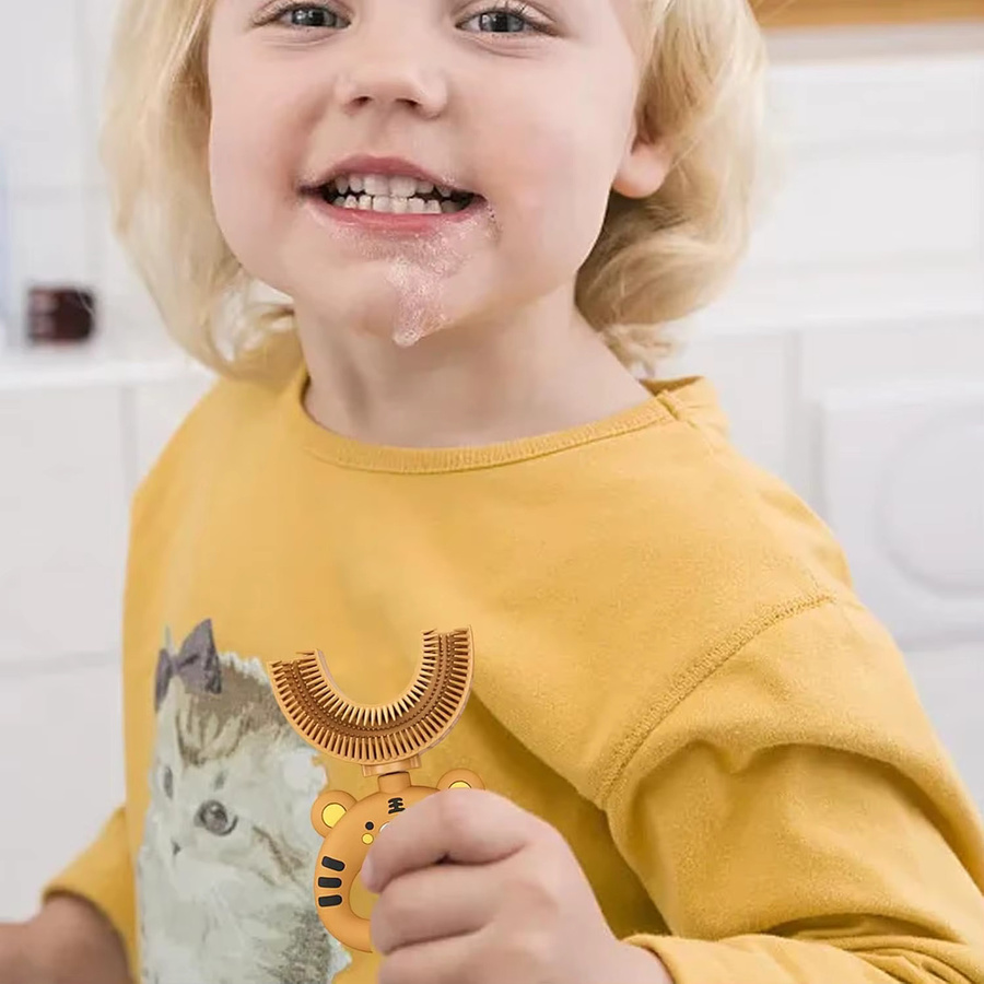 2er-Set U-förmige Silikonzahnbürsten für Kinder mit Dinosaurier-, Tiger- und Krabendesign in Multicolour zur 360 Grad Mundpflege - Bild 2