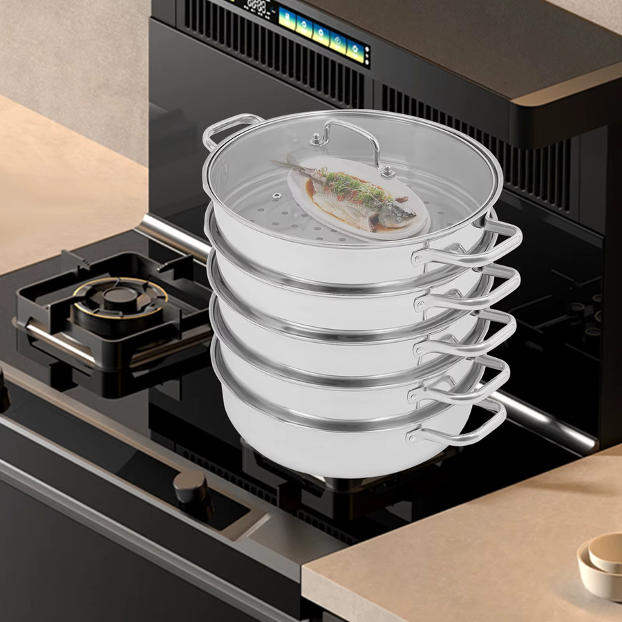 Bymaocar 5-stufiger Dampfkocher aus Edelstahl in Silber, 32 cm Dampftopf mit 4 Dampftabletts und Deckel für Fleisch und Gemüse - Bild 3