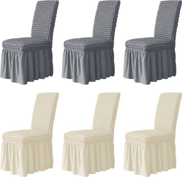 WANERQU Seersucker Stuhlhussen mit Rock in Beige für Esszimmer und Hochzeiten - Bild 1