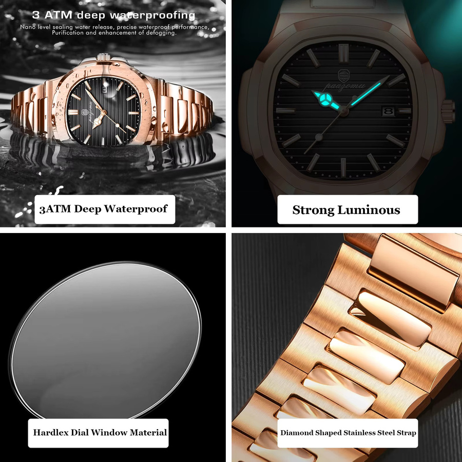 PAAZOMU Armbanduhr Quarz, Edelstahl, eckig, Datum, Herren, Schwarz, Silber - Bild 4