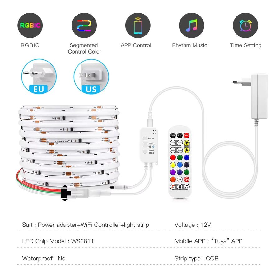 CHNAITEKE RGBIC COB LED Streifen mit Tuya Smart Life App Steuerung, 12V adressierbare WS2811 IC flexible LED Leiste für Alexa und Google Home - Bild 2