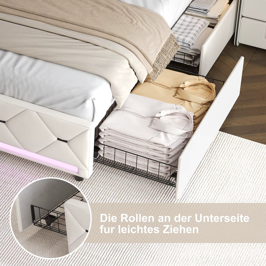 fangange Bettgestell mit Samtbezug in Beige mit vier Aufbewahrungsschubladen, LED-Farbwechselbeleuchtung und USB-Ladeanschlüssen, robustes Metall-Holzlattenrost-Bett, 160 x 200 cm - Bild 3