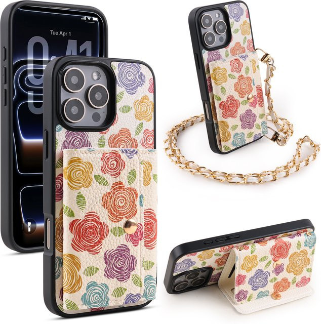 Hardware Crossbody Lanyard Flip Hülle aus Kunstleder mit Blumendruck und Kartenhalter für iPhone 11 bis iPhone 17 Pro Max, Multicolor - Bild 1