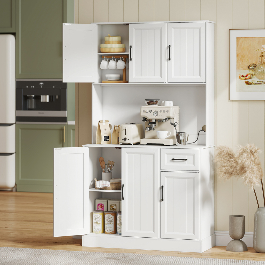 Aosom HOMCOM Küchenschrank als Buffetschrank und Vorratsschrank mit 6 Türen, Schublade und Arbeitsplatte inklusive Kabelloch, Weiß, B: 100 cm, T: 39,5 cm, H: 180,5 cm - Bild 2