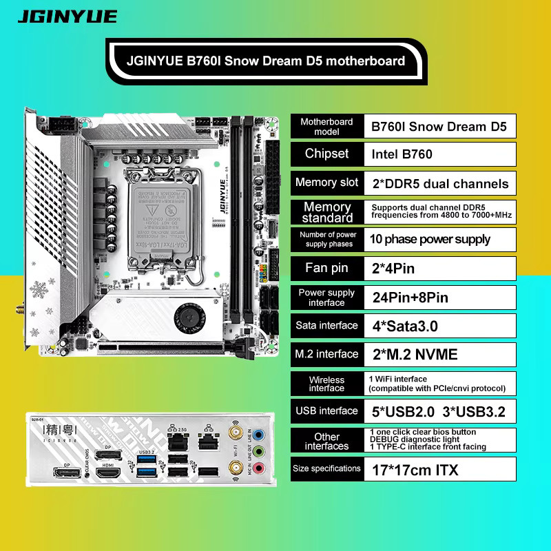 JGINYUE B760i ARGB WIFI DDR5 Mini ITX Mainboard für LGA1700 Prozessoren der 12., 13. und 14. Generation in Weiß mit WiFi6 - Bild 3