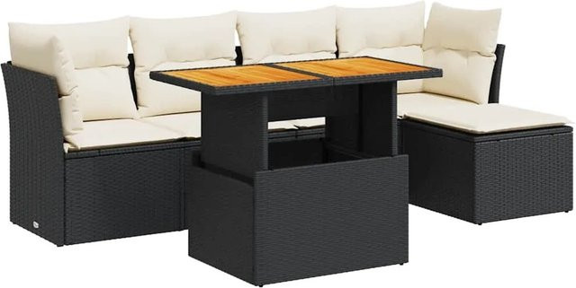 vidaXL 6-teilige Garten-Sofagarnitur aus Poly-Rattan und Akazienholz in Schwarz-Creme mit Kissen - Bild 1