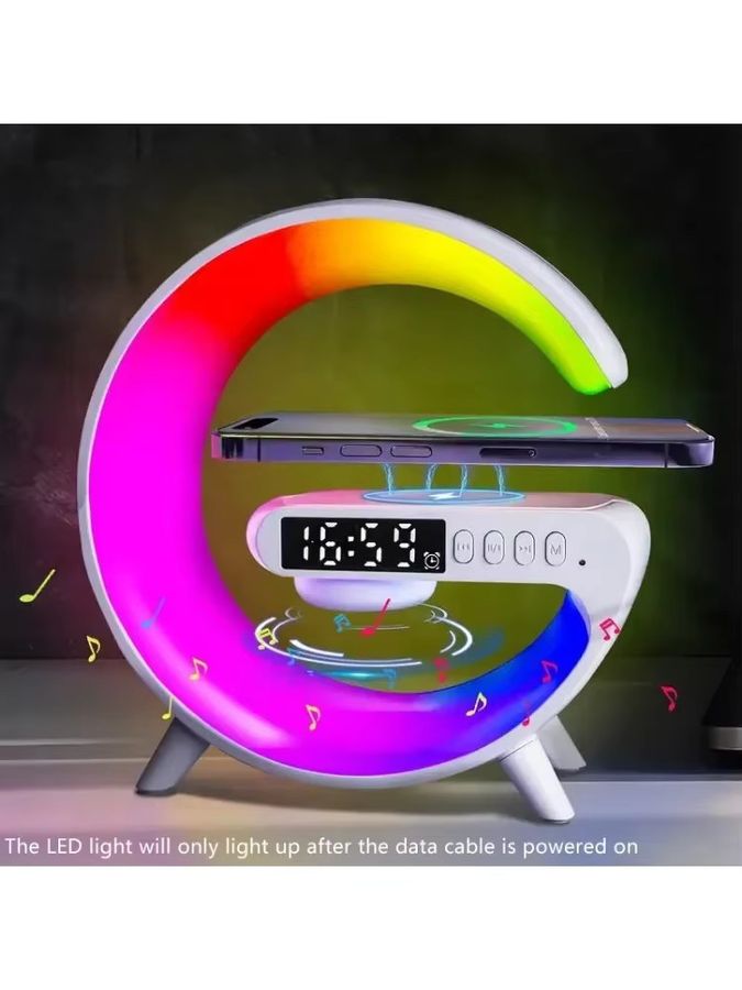 XIKCU Bluetooth-Lautsprecherhalter mit Umgebungsbeleuchtung und Wecker sowie kabellosem Ladeständer für iPhone und Samsung - Bild 6