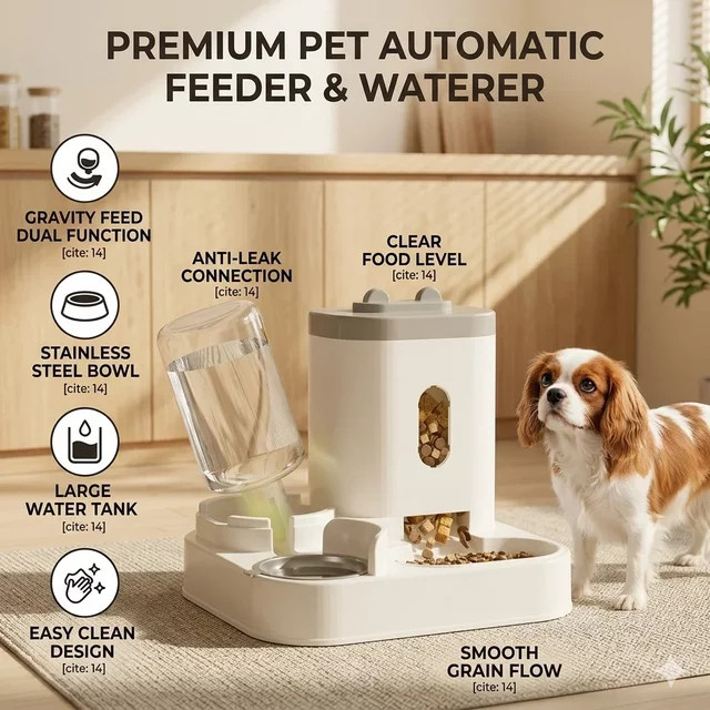 XMSJ 2-in-1 Automatischer Futter- und Wasserspender für Haustiere in Grau mit großer Kapazität als Schwerkraft-Station für Hunde und Katzen - Bild 1