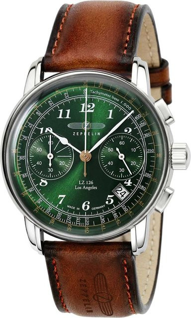 Zeppelin Chronograph, Quarz, Edelstahl, Leder, Grün, 43 mm, Herren - Bild 1