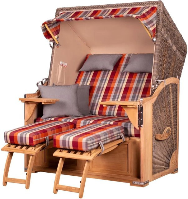 beneiving Strandkorb Komplettset Schaalsee Teak PE grau Modell 584 mit Teakholz-Gestell und passender Abdeckung, B/T/H: 170 x 125 x 80 cm - Bild 1