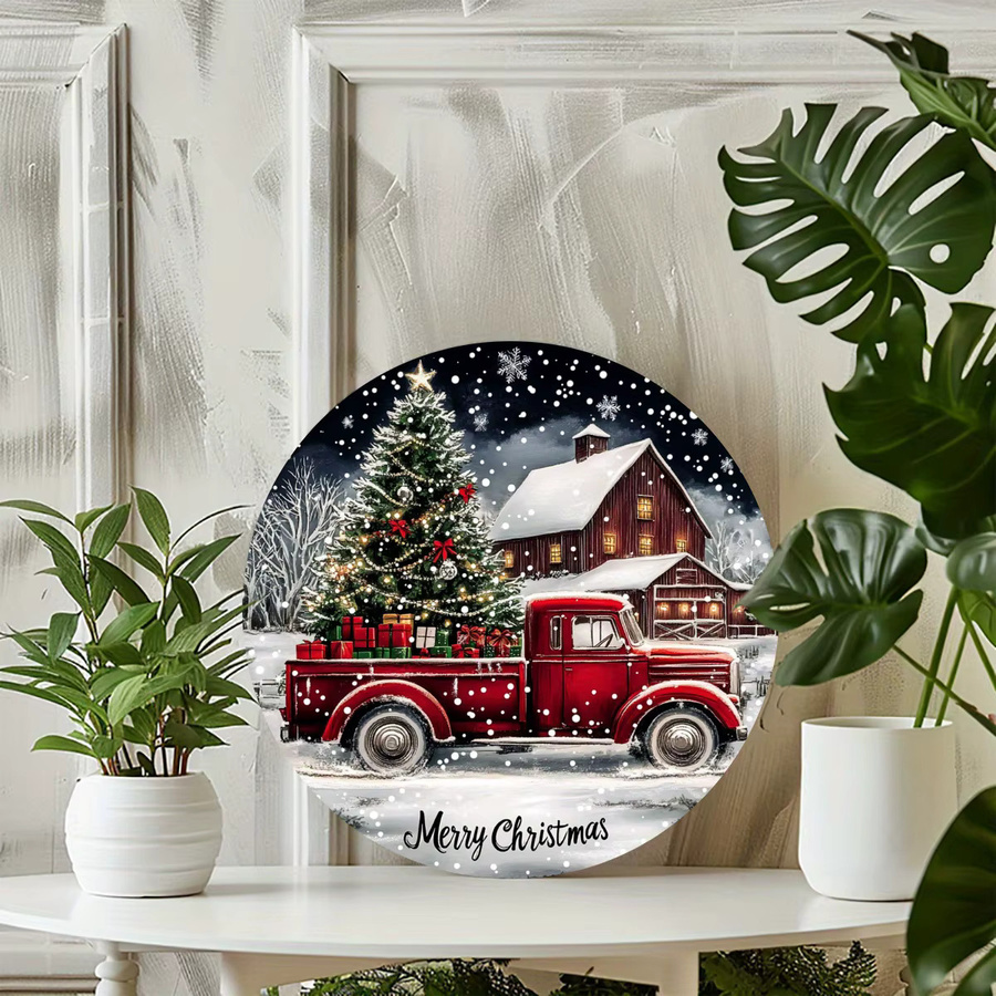 Potdemiel Rundes Aluminiumschild Weihnachts-LKW mit Haus im Schnee als Metalldekoration für Wand und Küche, Mehrfarbig, Durchmesser: 20 cm - Bild 2