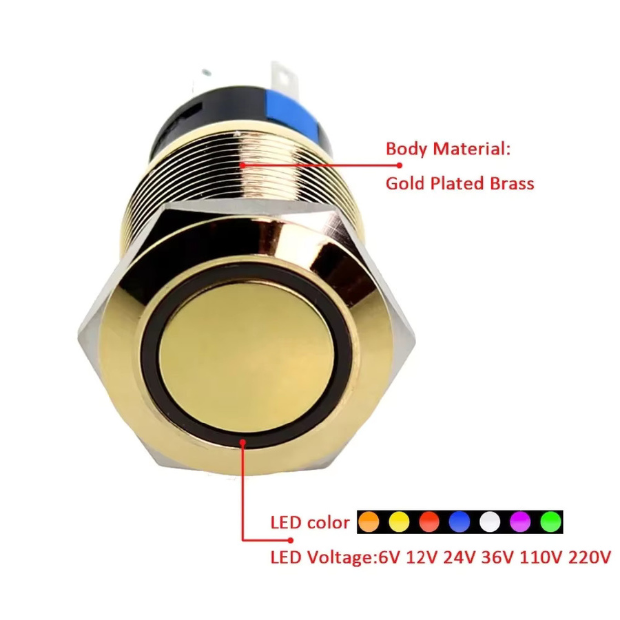 YUESHUN LED Drucktastenschalter aus vergoldetem Messing, wasserdichter Metall-Momentan- und Rastschalter mit 19 mm Durchmesser in Gold und Blau - Bild 2