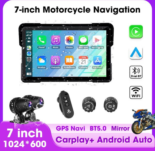 JMCQ Tragbare Motorrad Dash Kamera mit 2K QHD Auflösung, GPS Navigation, Wireless Apple CarPlay und Android Auto, Wasserdicht mit Dual Bluetooth, Farbe: Schwarz - Bild 1
