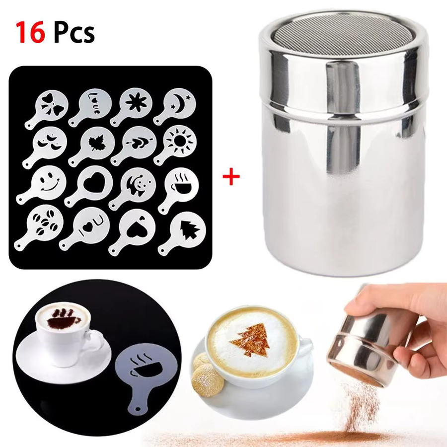 Edelstahl Schokoladen-Shaker und 16er Set Kaffee-Schablonen in Silber für Kakao, Mehl und Kaffee - Bild 2