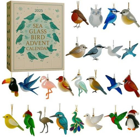 Manjianjing Meeresglas Vogel Adventskalender 2025 mit 24 handgefertigten Vogelornamenten in Beige und Multicolour als Weihnachtsbaumschmuck