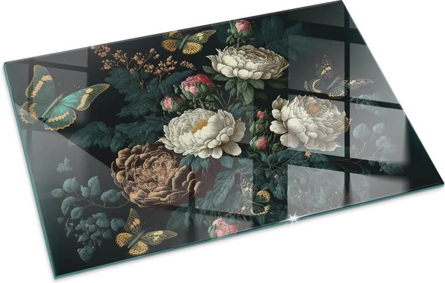 Tulup Glasplatte für Kaminöfen mit Blumenmuster und Schmetterlingen, Grün, B: 100 cm, H: 70 cm - Bild 1