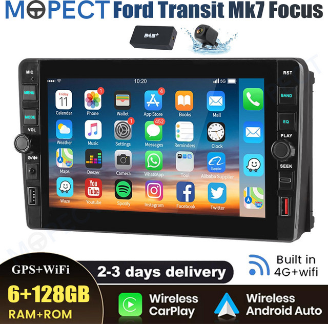 MOPECT 8-Zoll Autoradio mit 6+128GB für Ford Transit MK7 2007-2014 und Ford Focus 2005-2008, kabelloses CarPlay, 4G, GPS-Navigation, Bluetooth, DAB und AHD in Schwarz - Bild 1