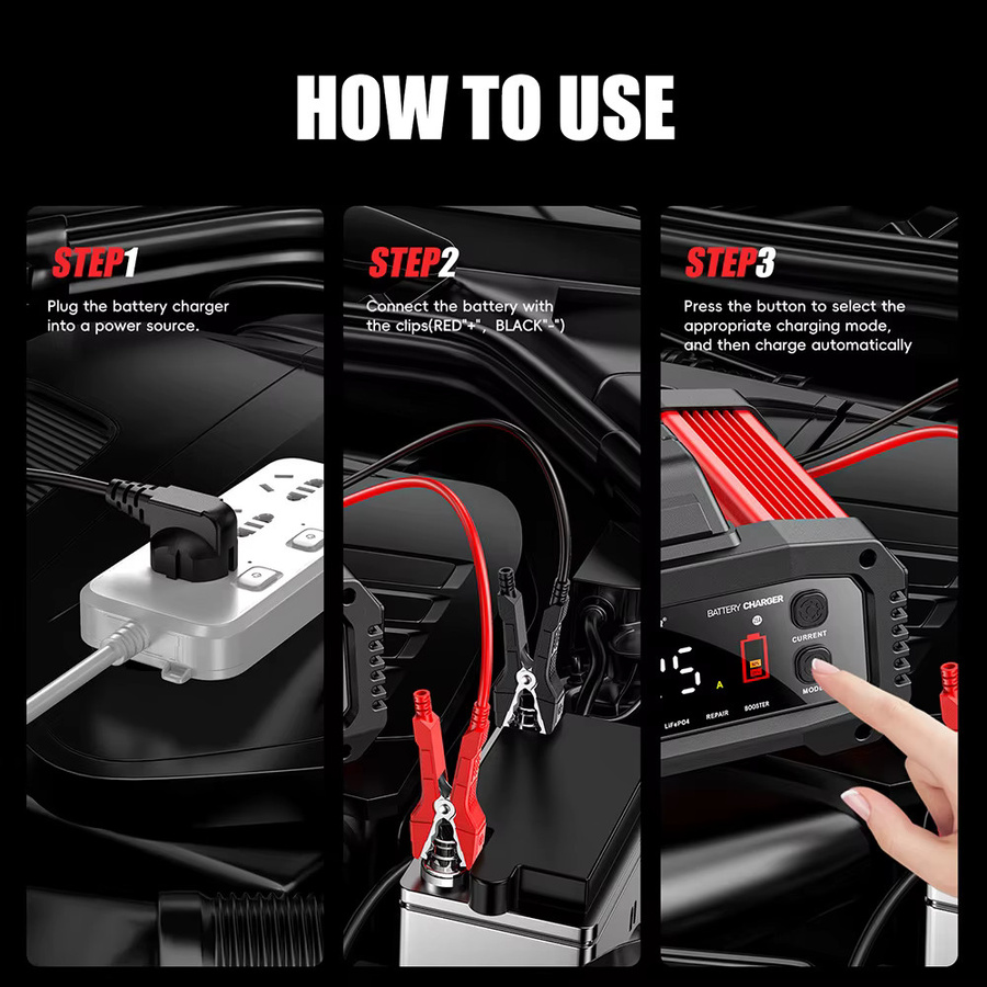 GECOFEER Intelligentes Batterieladegerät für Auto und Motorrad 12V/24V in Rot für Lithium AGM GEL Blei-Säure und LiFePO4 Batterien - Bild 3