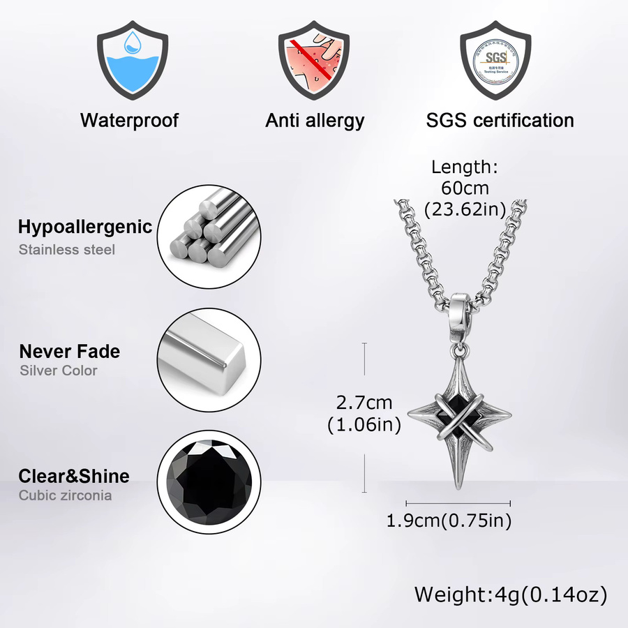 prjewel Halskette Edelstahl, Schwarz, Zirkonia, Stern Kreuz Anhänger, Herren - Bild 4