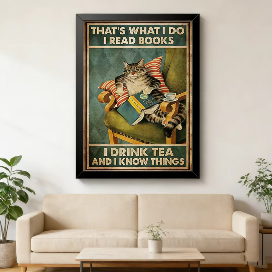 Vintage Posterdruck SHENCHEN Katze I Read Books and Drink Tea Wandkunst in Mehrfarbig - Bild 2
