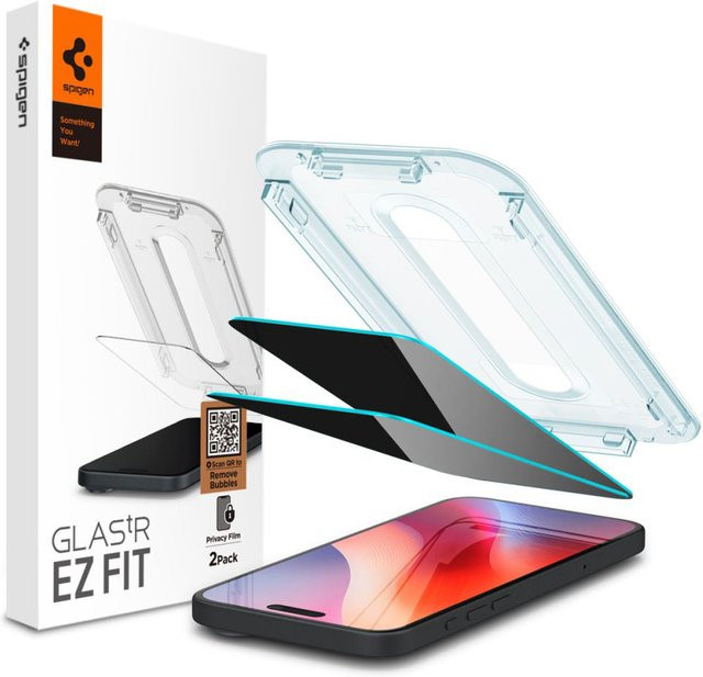 Spigen GlastR EZ FIT Privacy Displayschutzfolie aus gehärtetem Glas für Apple iPhone 16 und iPhone 15, Set mit 2 Stück, transparent - Bild 1