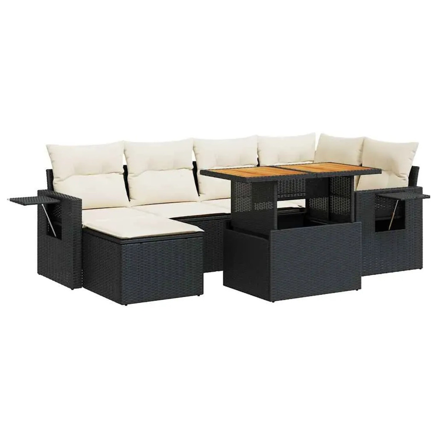 vidaXL 7-tlg Garten-Sofagarnitur in L-Form aus Poly-Rattan und Akazienholz mit Kissen in Schwarz-Creme - Bild 2