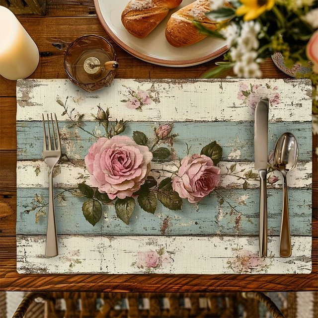 VIKAM Vintage-Tischset mit Rosendruck, rechteckige Esstisch-Schutzunterlage, Mehrfarbig, B/T: 45 x 30 cm - Bild 1