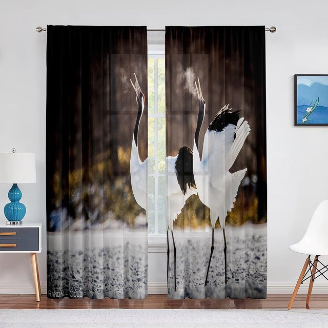 Transparenter Tüllvorhang mit Mandschurenkranich-Motiv und roter Sonne, Chiffon-Fensterbehandlung für Wohnzimmer und Schlafzimmer, Breite: 100 cm, Höhe: 250 cm - Bild 1