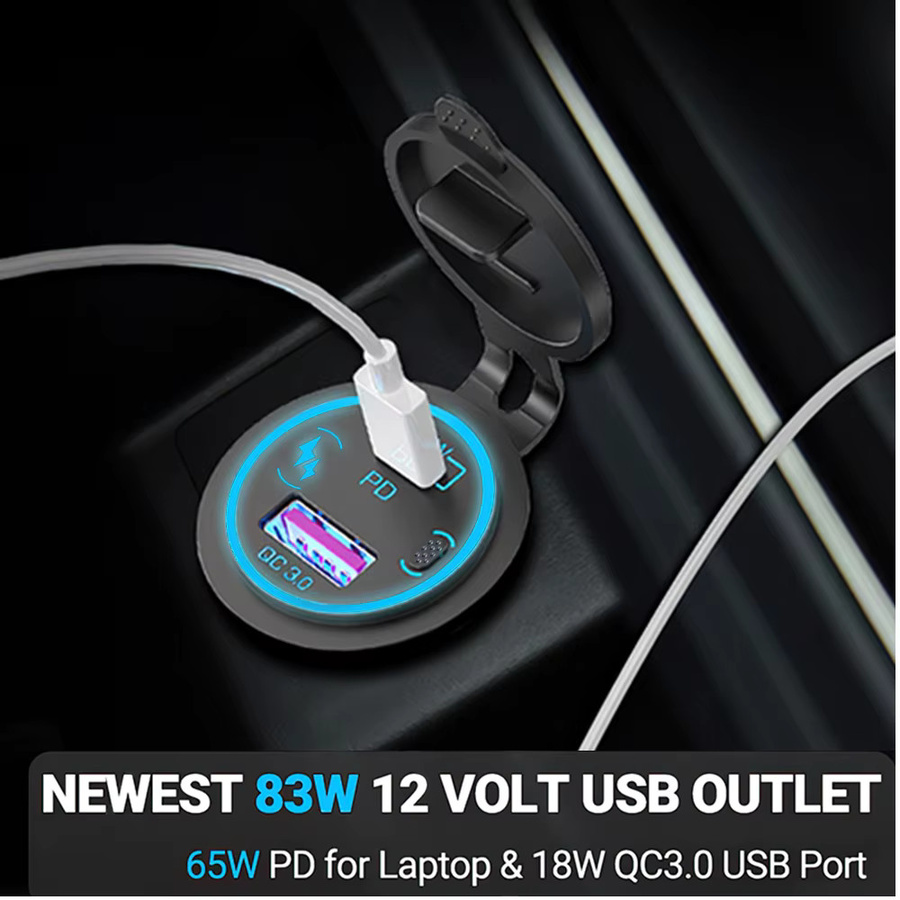 Velev 85W USB Auto Ladegerät mit PD Typ C und QC 3.0, Wasserdichter Adapter mit Schalter für 12V 24V Auto Lkw Boot, Schwarz - Bild 2