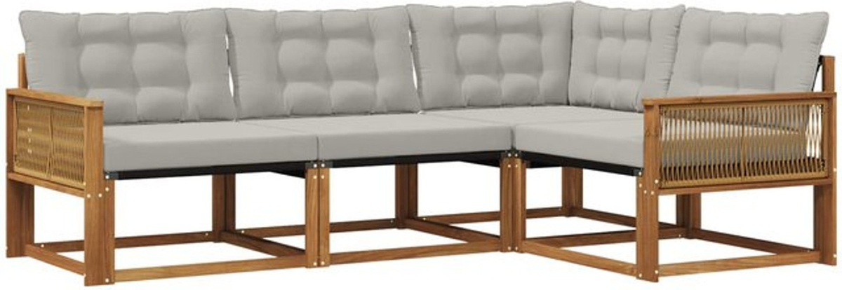 vidaXL Outdoor-Sofagarnitur aus Akazie mit Textilene-Kissen in Natur und Grau, 4-teiliges Loungemöbel-Set - Bild 1
