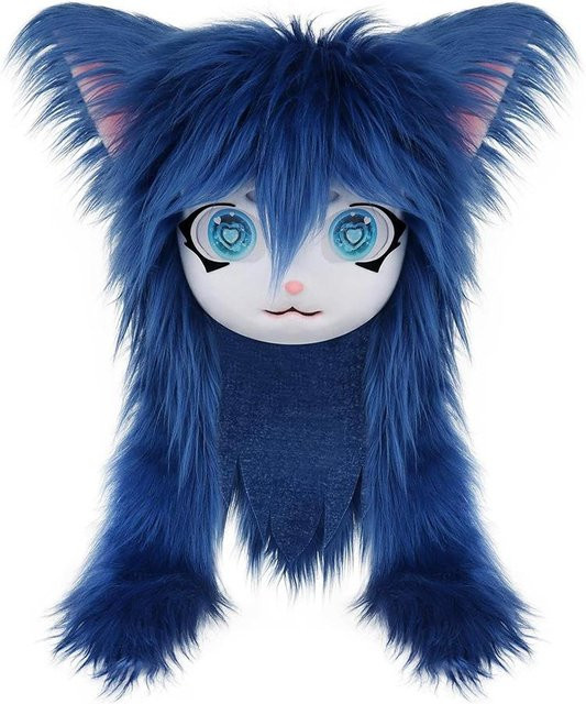 YIRAN Halloween Fursuit Kigurumi Tierkopf Maske, Katze, Blau - Bild 1