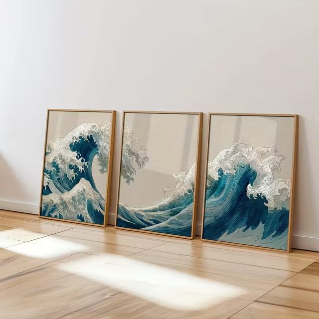 HQYSZZ Leinwand-Poster Set mit 3 Stück abstrakter Küstenlandschaft im japanischen Zen-Stil, Blau, Maritime Wanddekoration - Bild 1