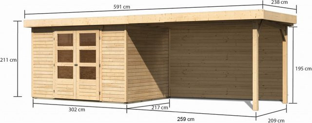 Gartenhaus ASKOLA 4 Naturbelassen mit Anbaudach und Rückwand B: 302 cm, T: 217 cm - Bild 1