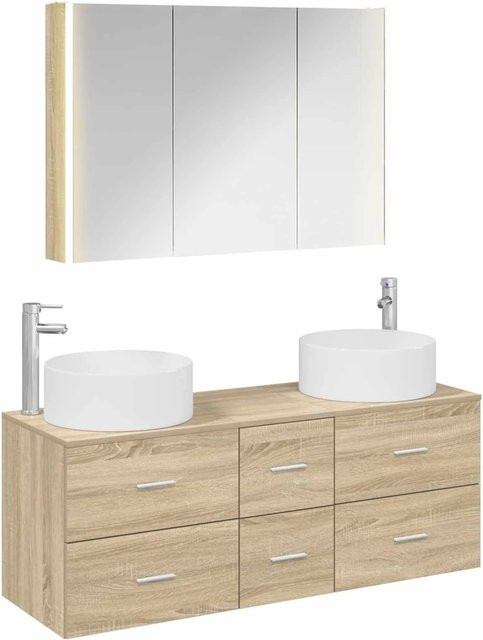 vidaXL Badezimmermöbel-Set 4-teilig in Sonoma-Eiche mit Waschtischunterschrank und Spiegelschrank inklusive LED-Beleuchtung, Braun - Bild 1