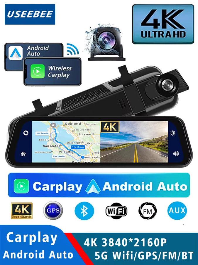 USEEBEE Dash Cam 4K UHD Rückspiegel mit Android Auto, Apple CarPlay, GPS und 5G WIFI in Schwarz - Bild 5