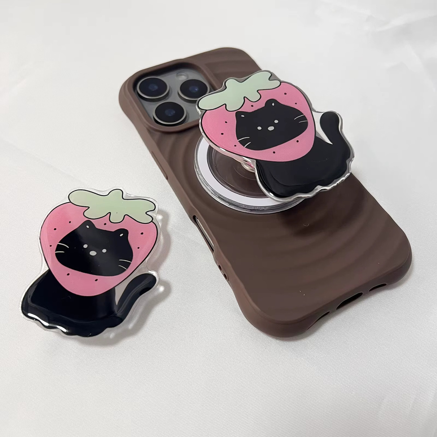 Handyhalterung mit schwarzer Katze und rosa Erdbeerhut als Griptok-Ständer für iPhone 17 Pro Max Hüllen - Bild 3