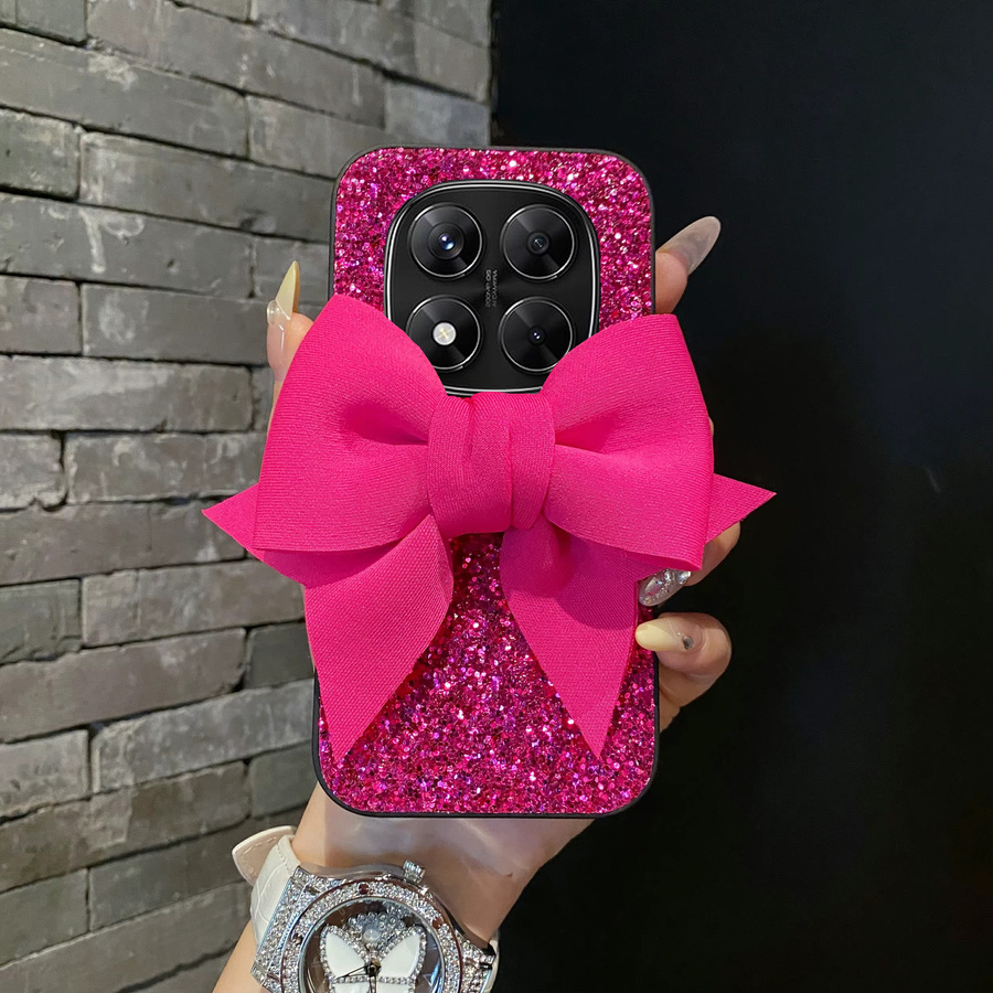 Xiaomi Redmi Note 14 15 4G 5G Pro Handyhülle aus Leder mit Stoff-Schleife und Glitzer in Rosenrot - Bild 2