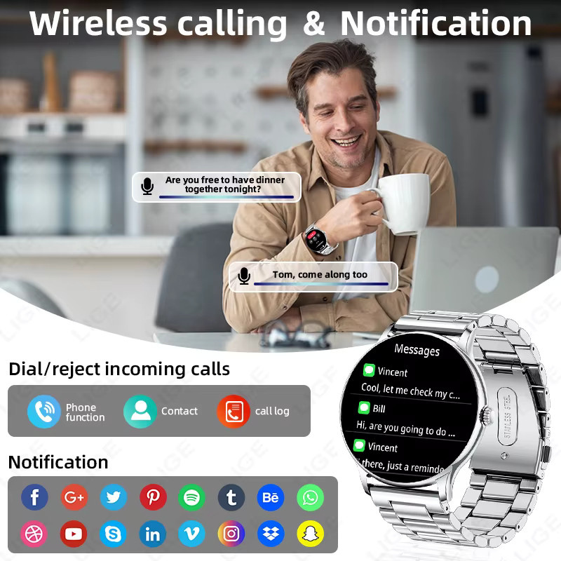 LIGE Smartwatch, Edelstahl, Schwarz, Unisex, Bluetooth, Wasserdicht - Bild 2