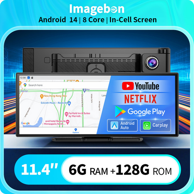 Imagebon Android 14 Dashcam mit 11,4 Zoll 8-Kern In-Cell-Bildschirm, kabelloses CarPlay und Android Auto, YouTube, Netflix und Google Play, Farbe: Schwarz - Bild 1