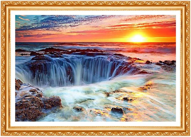 FIYO 5D Diamantmalerei Marvellous Sonnenaufgang Meer Amerika Motiv in Orange und Multicolour, Breite: 30 cm, Höhe: 20 cm - Bild 1