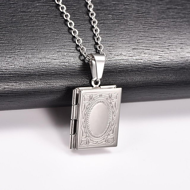 Anhänger Halskette Edelstahl, Buchform Foto Medaillon, Silber, Unisex - Bild 1