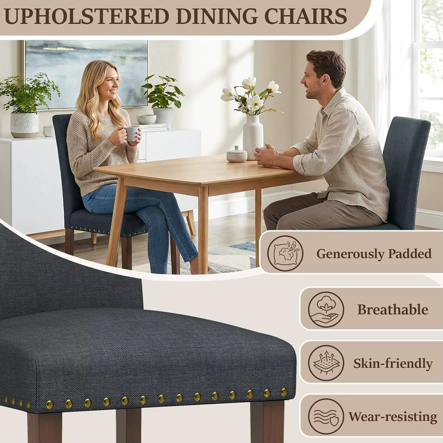 Gepolsterte Esszimmerstühle im Tufted Parsons Design mit Nagelkopf-Verzierung und Massivholzbeinen in Beige - Bild 3